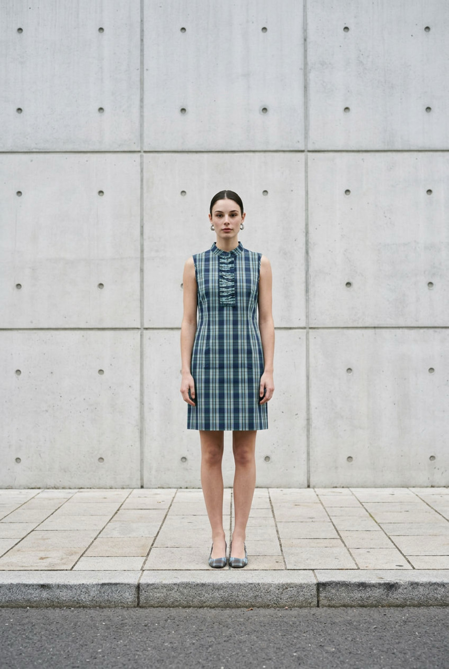 Talbots Sleeveless Ruffle-Front Blue and Green Plaid Sheath Dress
